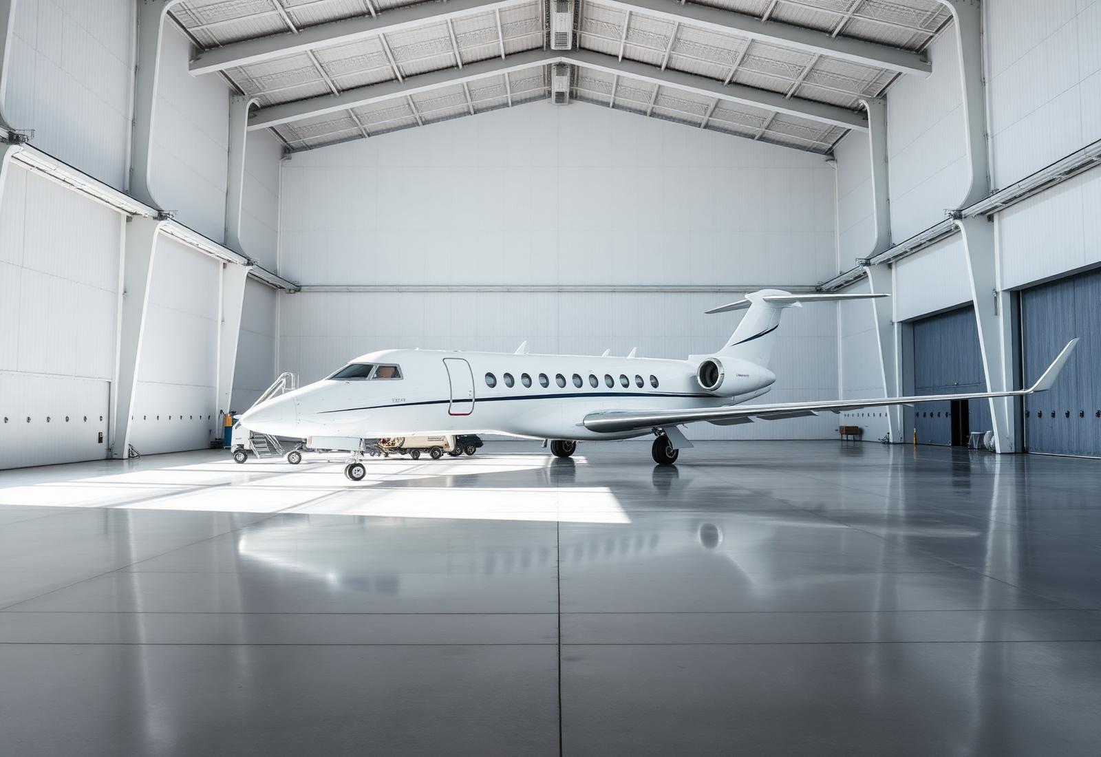 Business jet in a bright modern hangar prepared for detailing