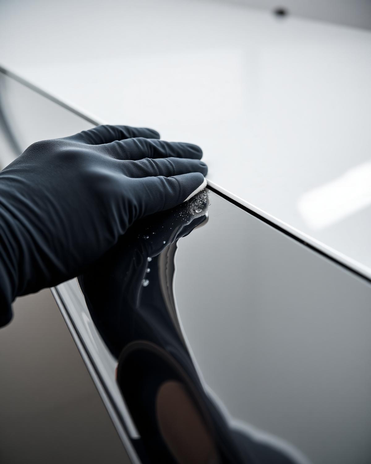 Gloved hand polishing a mirror-finish aircraft surface