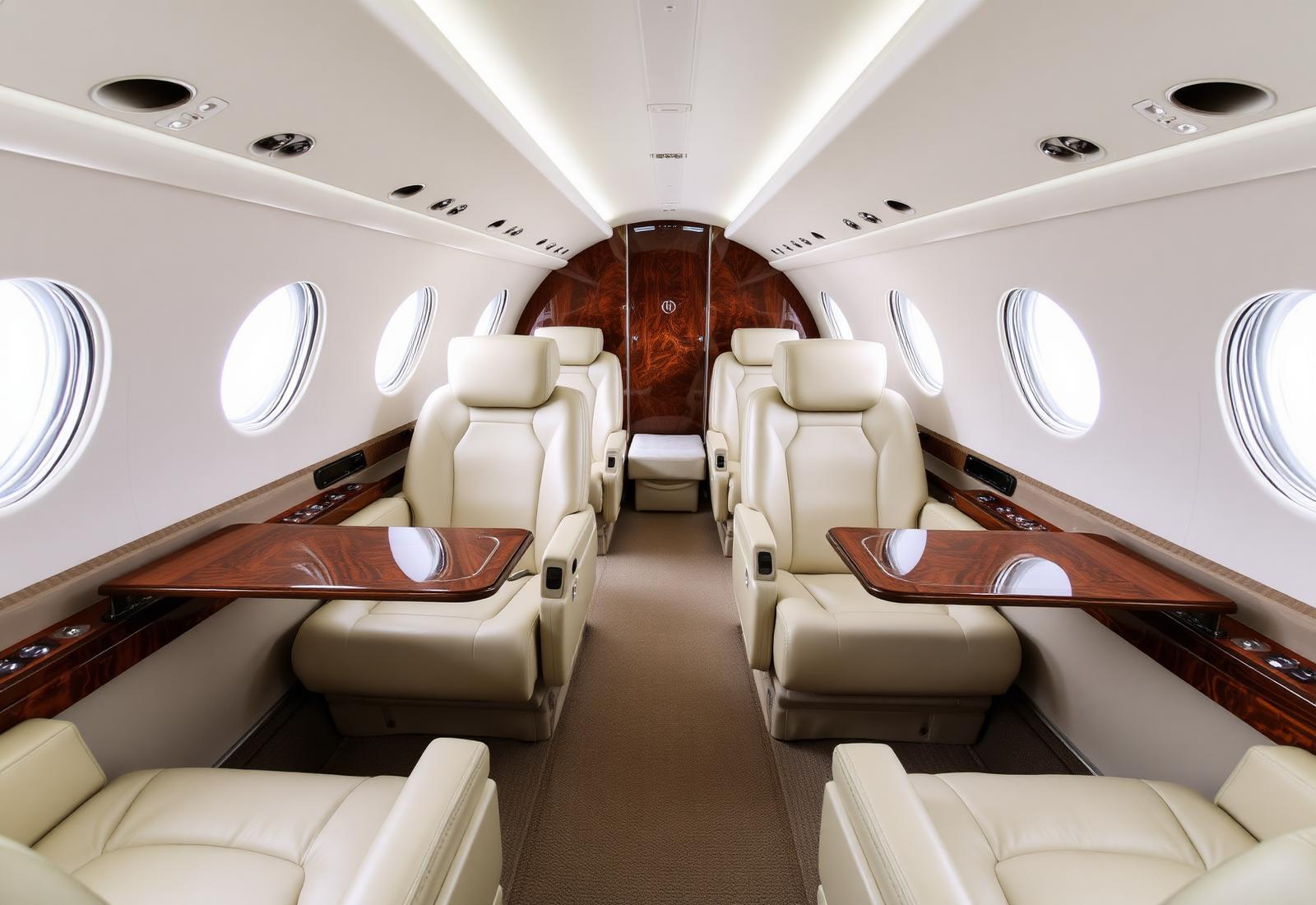Freshly detailed private jet cabin with cream leather seating and polished veneer