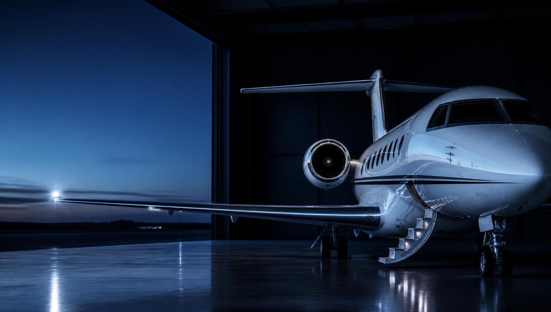 Private business jet with a polished finish parked in a hangar at dusk